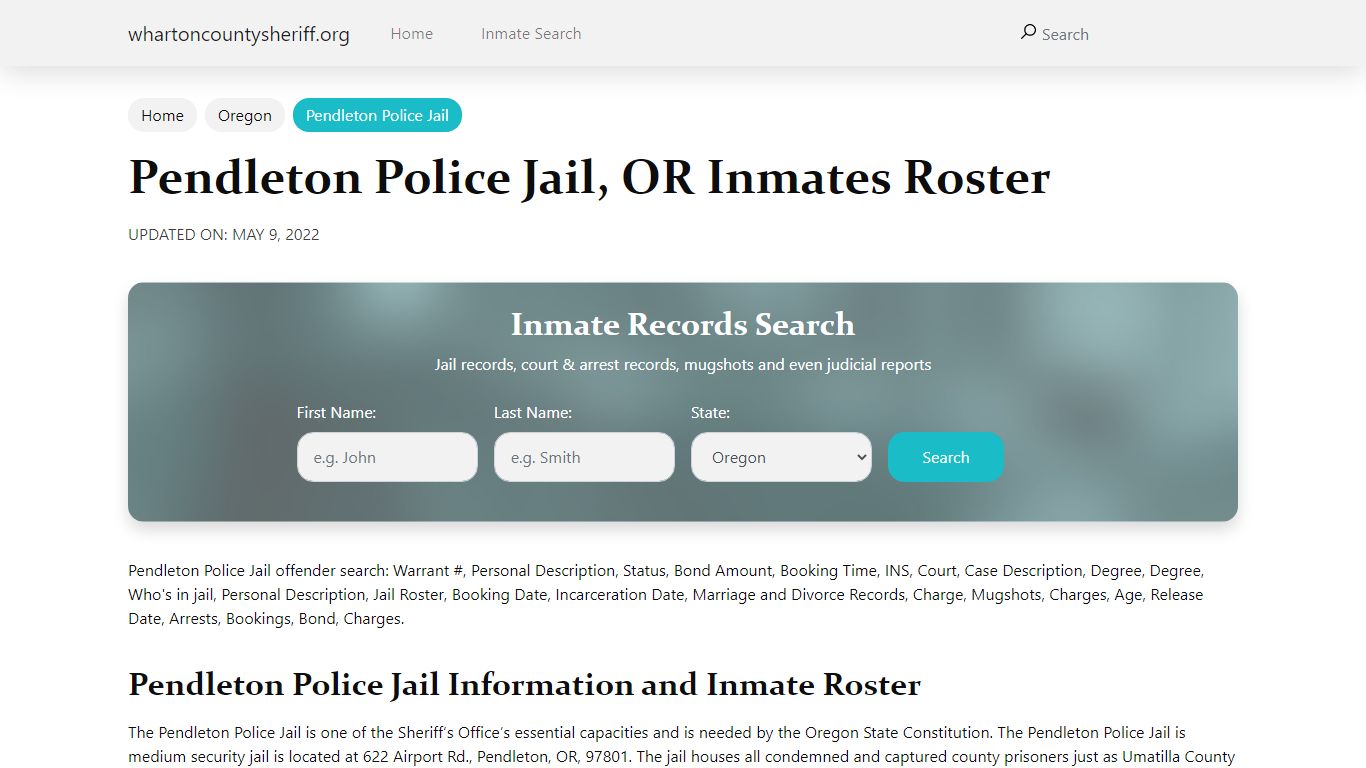 Pendleton Police Jail, OR Jail Roster, Name Search